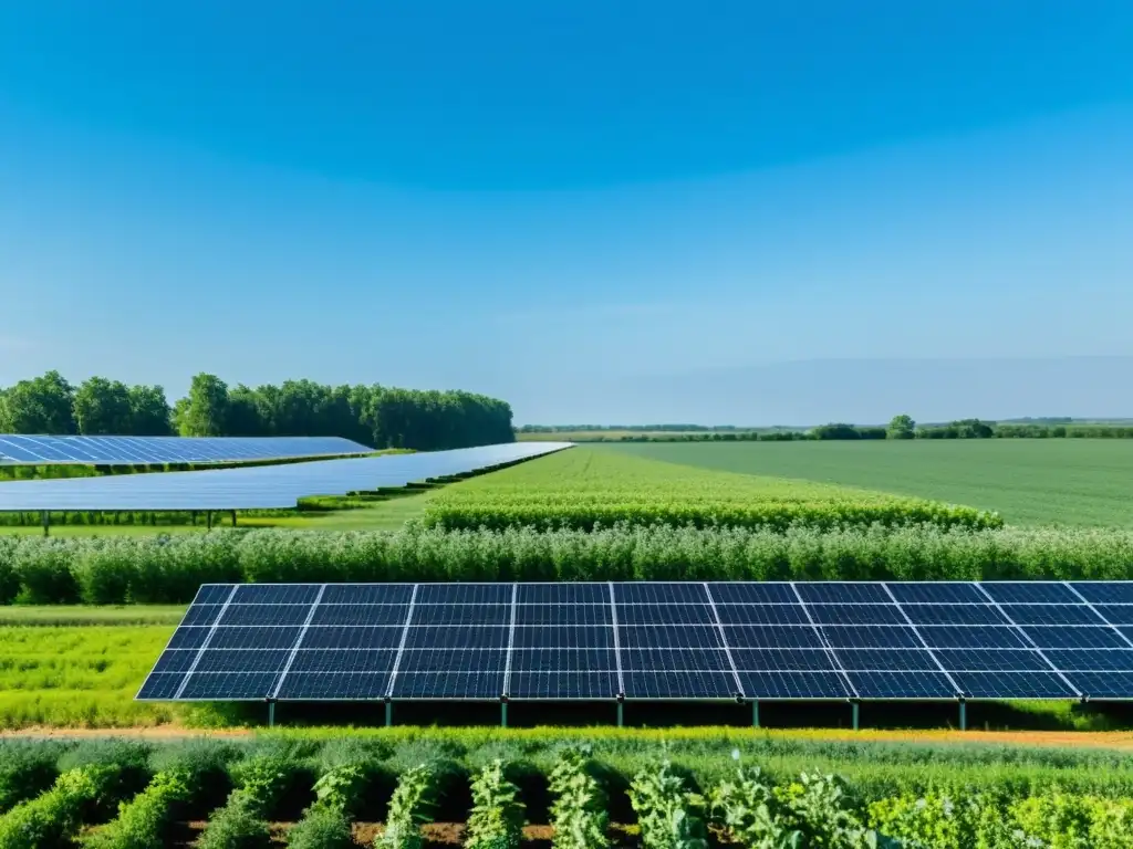 Un campo verde exuberante con cultivos vibrantes y una instalación moderna de producción de pesticidas ecológicos