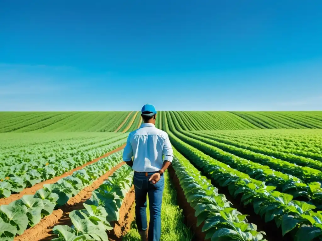 Campo verde exuberante con cultivos vibrantes y un agricultor moderno usando tecnología para protección patentes innovación sector agropecuario