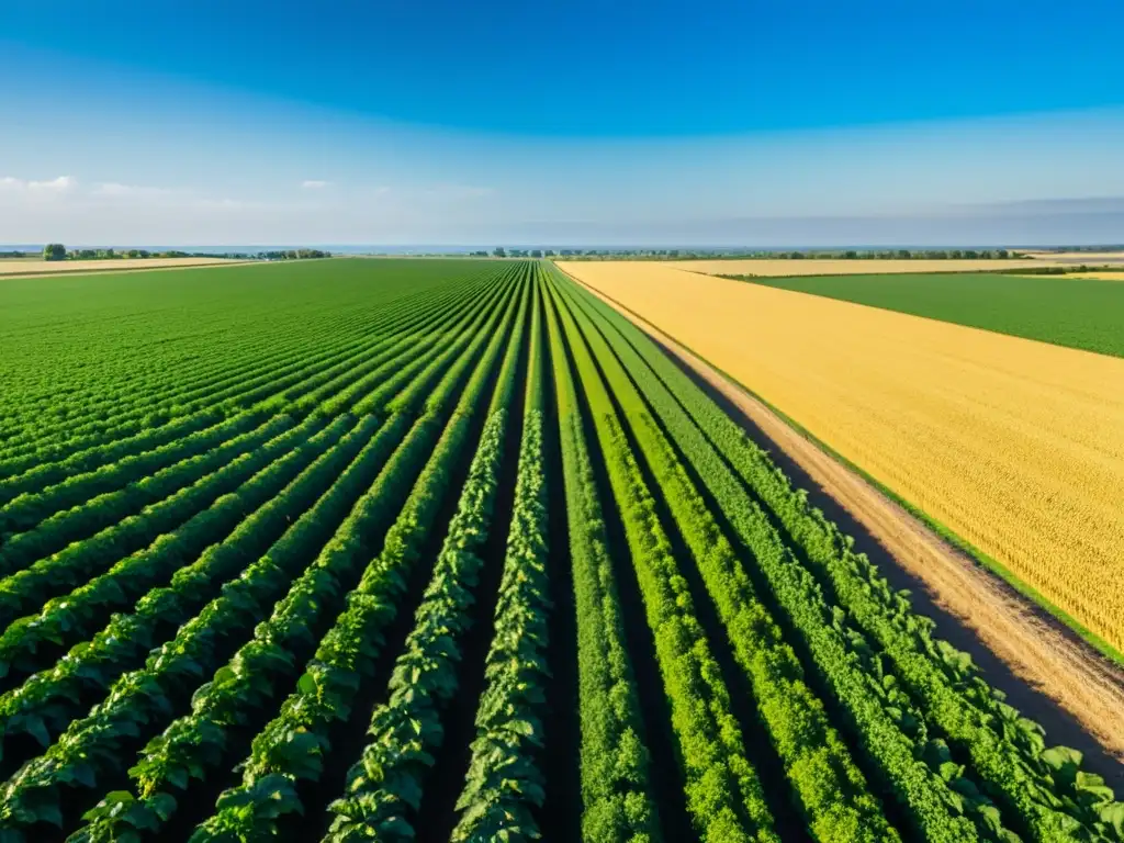 Campo verde exuberante con cultivos vibrantes bajo el sol dorado, simbolizando la propiedad intelectual en agrotecnología