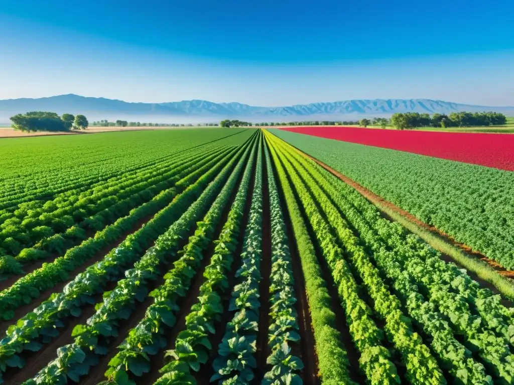 Campo agrícola verde exuberante con cultivos vibrantes bajo cielo azul