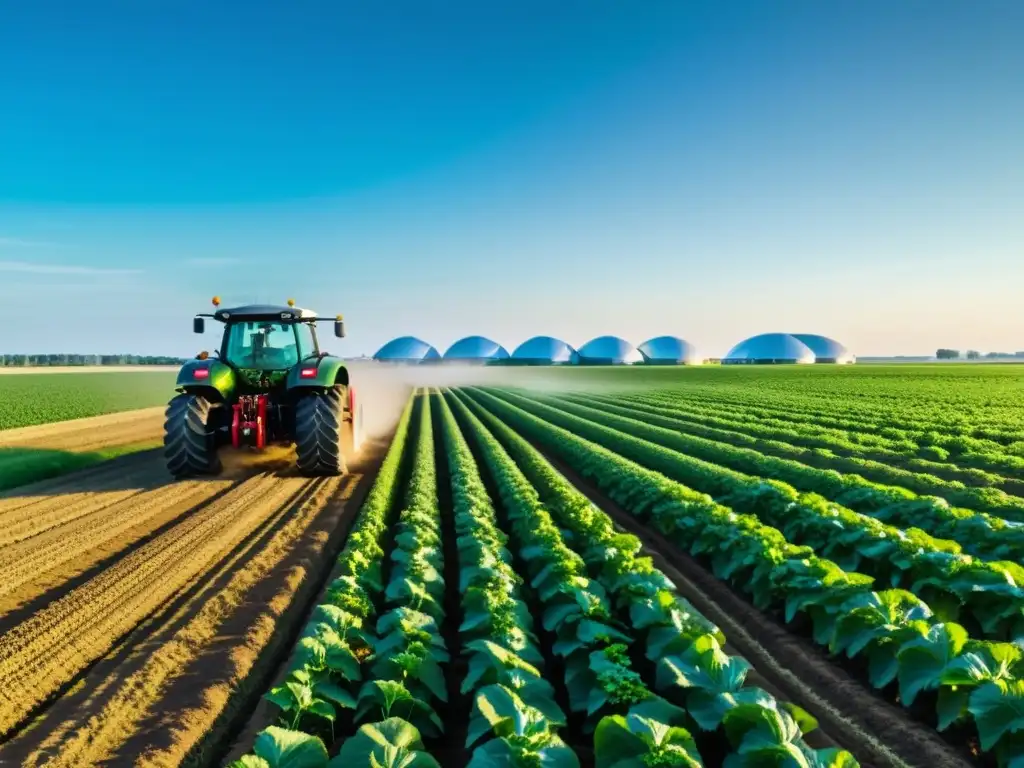 Campo verde exuberante con maquinaria agrícola en perfecta sincronización bajo el sol