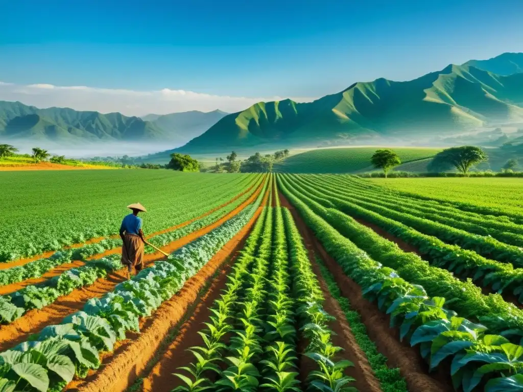 Un campo verde exuberante en un país en desarrollo, con cultivos vibrantes bajo un cielo azul