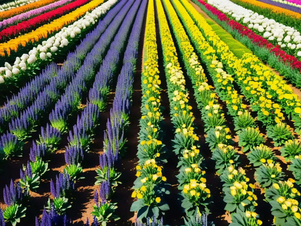 Un campo de vibrantes filas de plantas florales, bañado por el sol con sombras dramáticas, cada planta etiquetada con su nombre científico