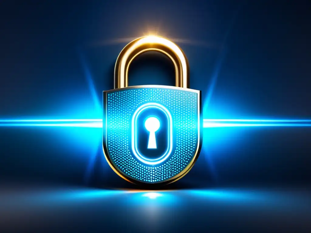 Un candado digital futurista y detallado, con luces azules brillantes y complejos patrones, simbolizando la ciberseguridad en comercio electrónico