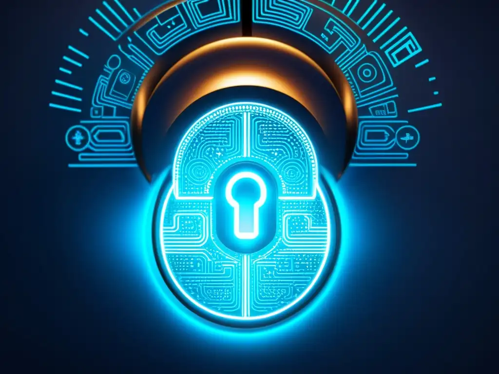 Un candado digital futurista con patrones e iluminación azul, simbolizando la ciberseguridad en comercio electrónico