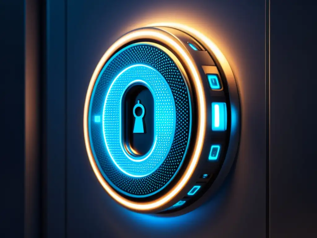 Un candado digital futurista con patrones intrincados y acentos azules brillantes, salvaguardando patentes en ciberpiratería