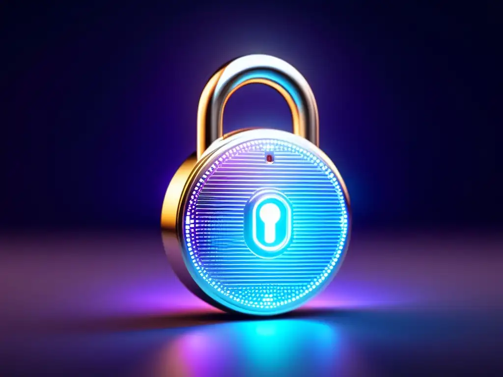 Un candado digital futurista con patrones de circuitos, brillando con luz azul y morada en un fondo oscuro, simbolizando la protección de datos en propiedad intelectual en la era del big data