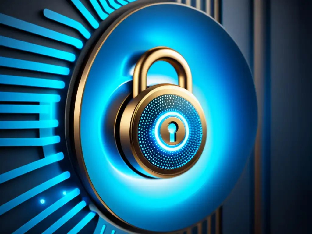 Un candado digital futurista con patrones intrincados y acentos azules brillantes, simbolizando la protección de derechos digitales en streaming