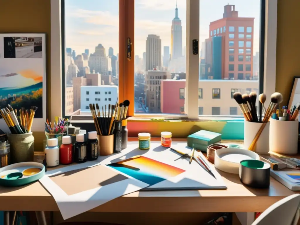 El caos creativo en un estudio de artista, con pinceles, pinturas y bocetos, y una ventana que muestra la vida urbana
