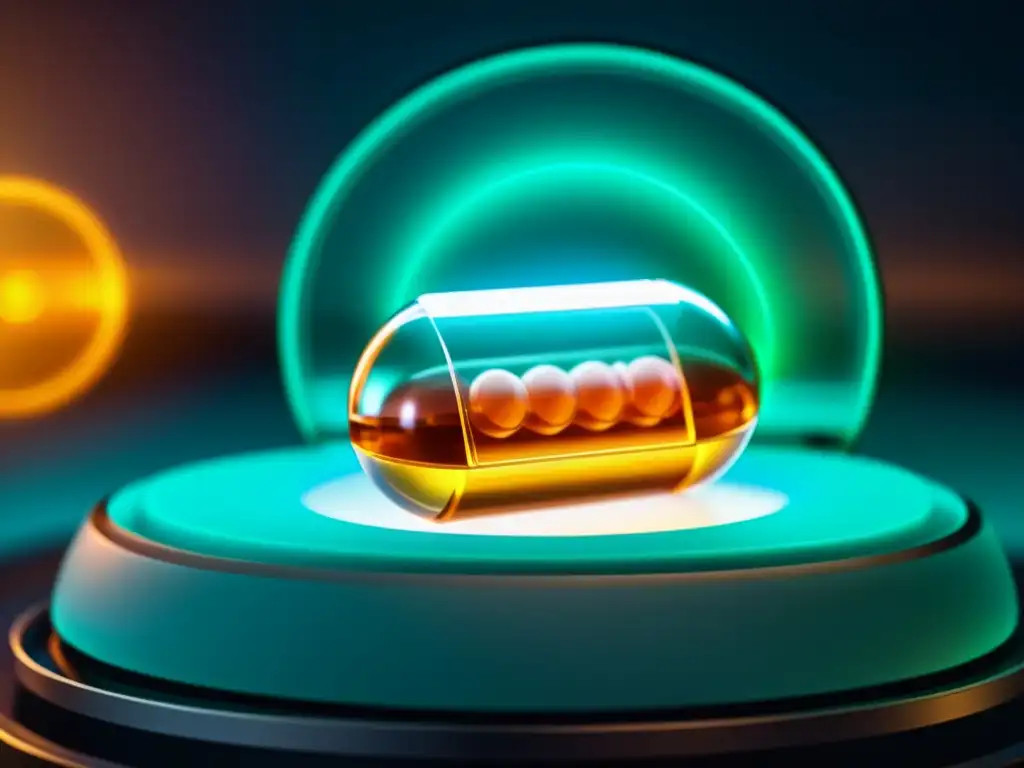 Una cápsula de píldora es encapsulada por maquinaria farmacéutica de alta tecnología, emitiendo un suave resplandor futurista