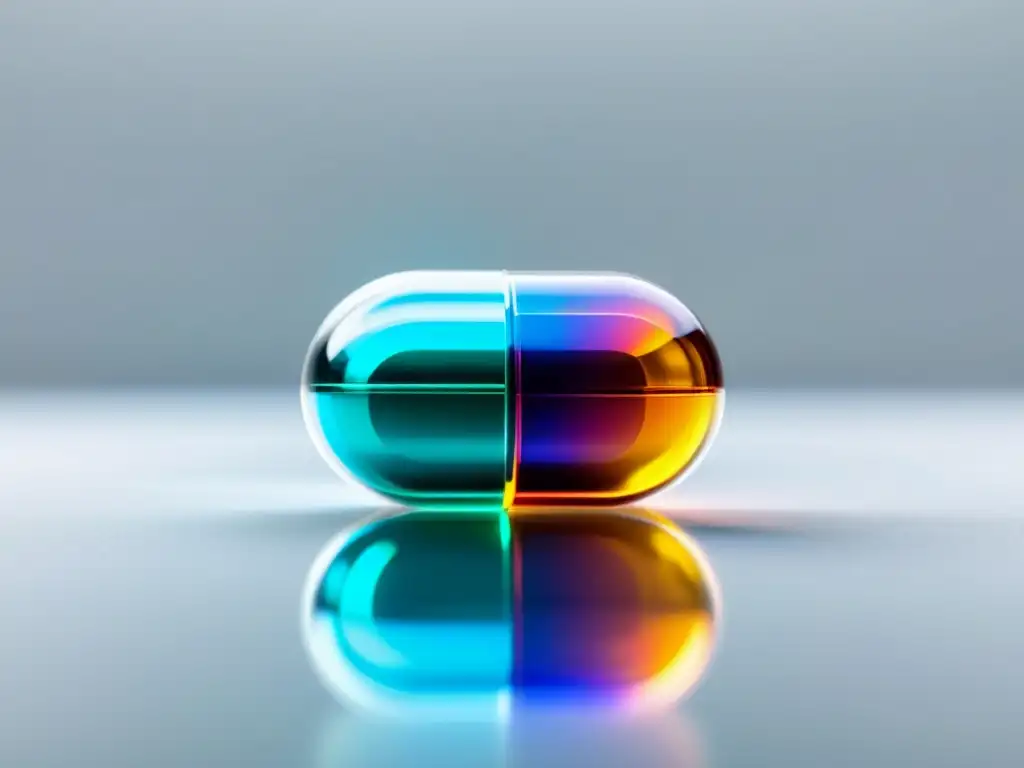 Dos cápsulas de aspecto futurista con estructuras moleculares holográficas, representando desafíos en patentes farmacéuticas