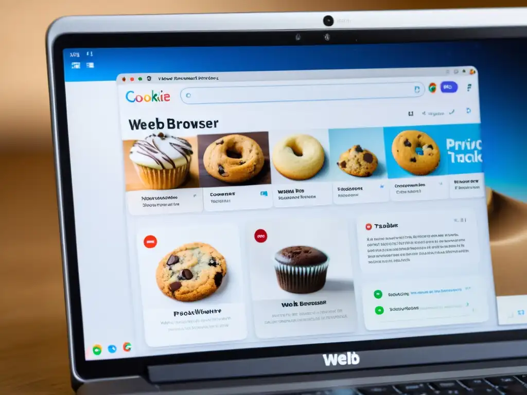 Captura detallada de pantalla con múltiples pestañas de navegador mostrando notificaciones de cookies, anuncios personalizados y rastreo web