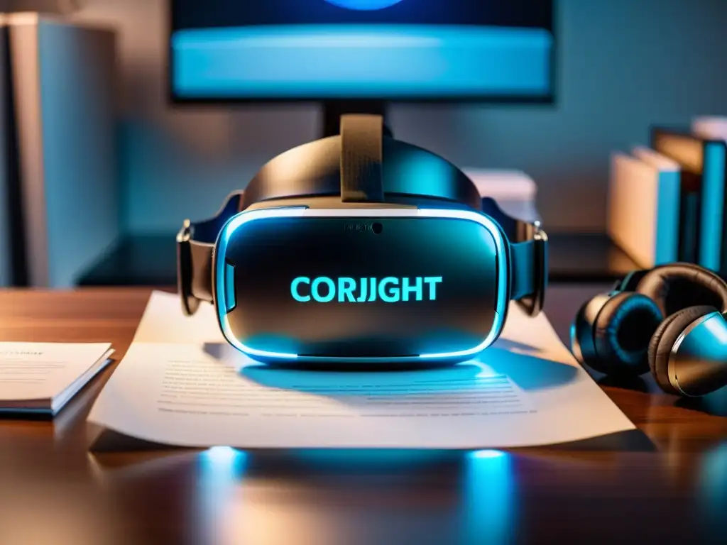 'Un casco de realidad virtual rodeado de documentos legales, con símbolos de derechos de autor y marcas flotando sobre él