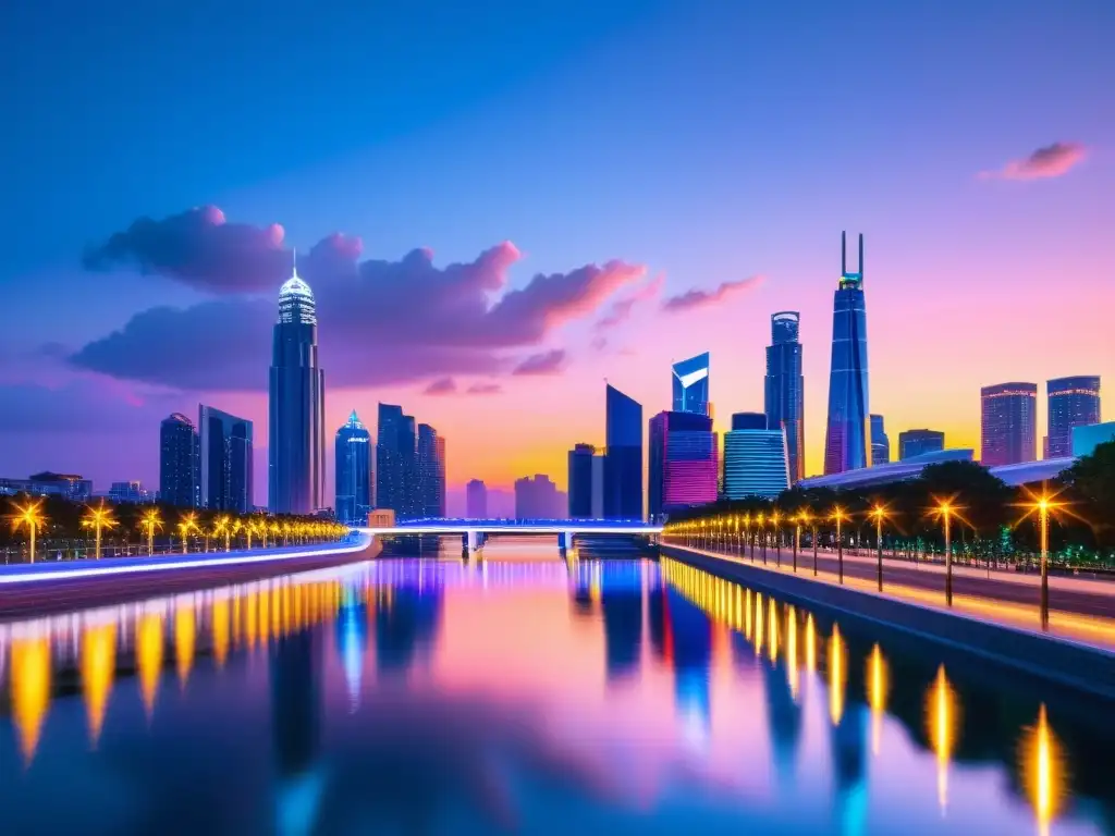 Horizonte futurista: ciudad minimalista iluminada por luces neón La cautivadora ciudad futurista con luces de neón en el atardecer, reflejadas en el río