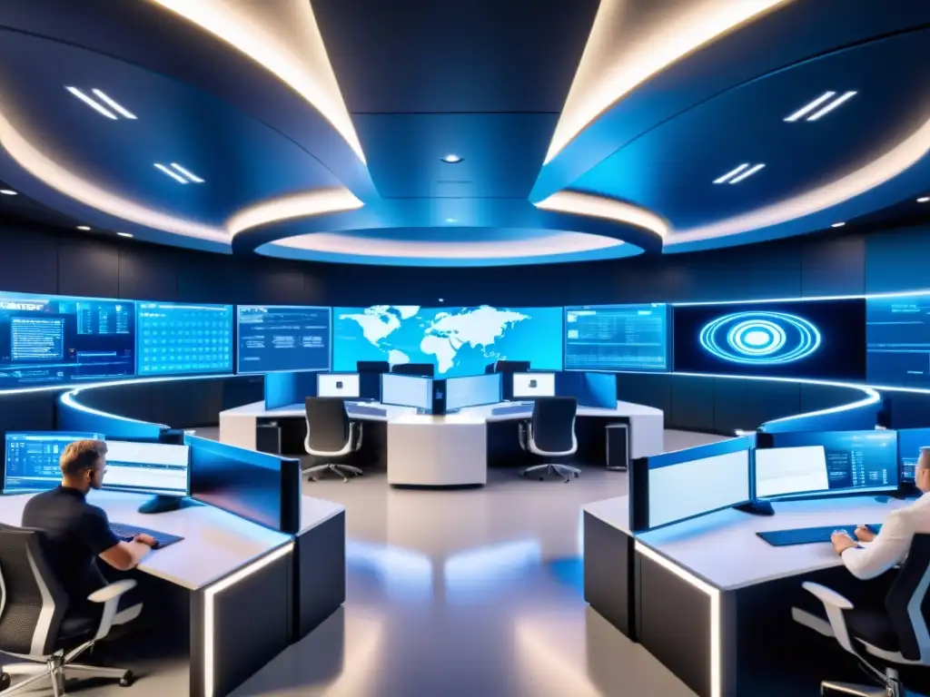 Un centro de ciberseguridad futurista y de alta tecnología con profesionales ocupados en actividades de seguridad cibernética