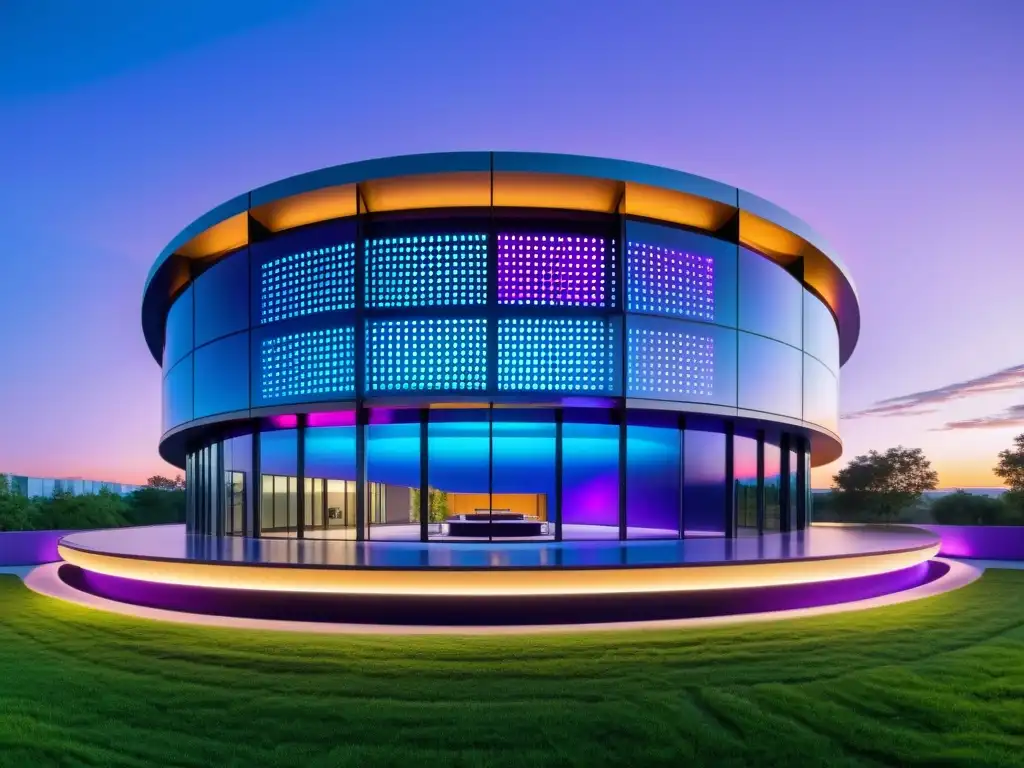 Centro de ciberseguridad futurista iluminado con luces LED, rodeado de naturaleza y ambiente de vanguardia
