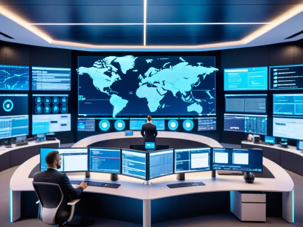 Centro de ciberseguridad futurista con profesionales protegiendo la propiedad intelectual en pantalla