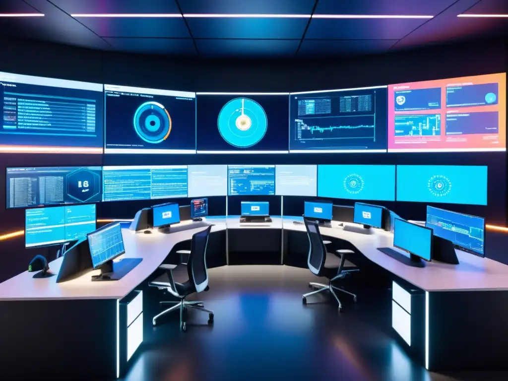 Un centro de ciberseguridad ultramoderno con profesionales trabajando en estaciones, visualizaciones de datos y diseño futurista