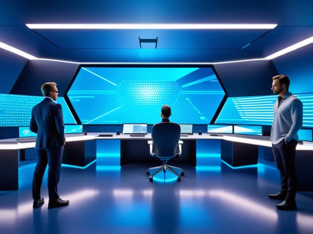 Centro de comando de ciberseguridad futurista con tecnología de vanguardia y protección de patentes en ciberseguridad, bañado en luz azul