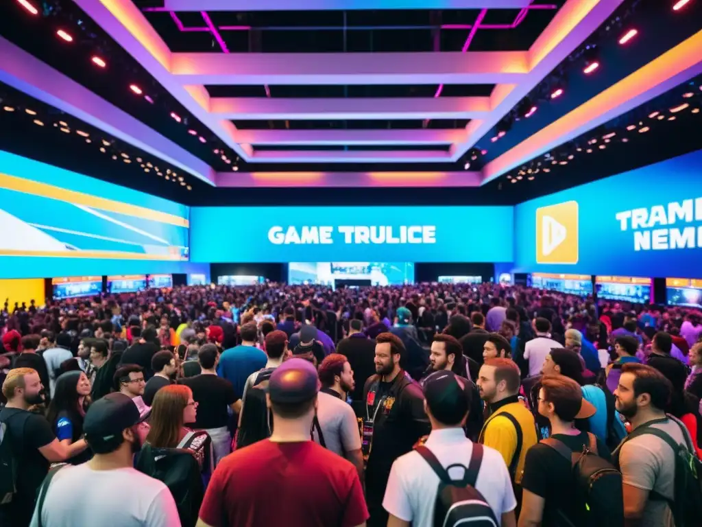 Centro de convenciones de videojuegos con ambiente vibrante y futurista, donde los asistentes disfrutan de demos y trailers