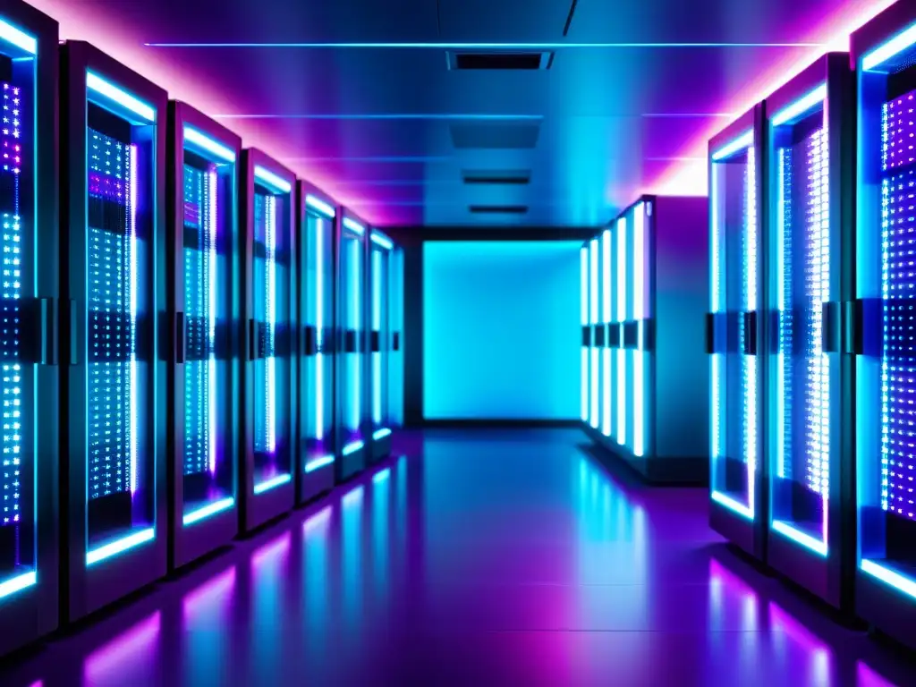 Centro de datos de ciberseguridad, futurista y moderno, con servidores iluminados y equipo de alta tecnología