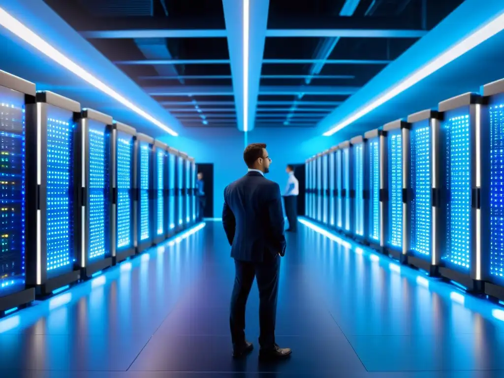 Un centro de datos digital bullicioso y moderno, con servidores parpadeando luces de colores y técnicos atentos