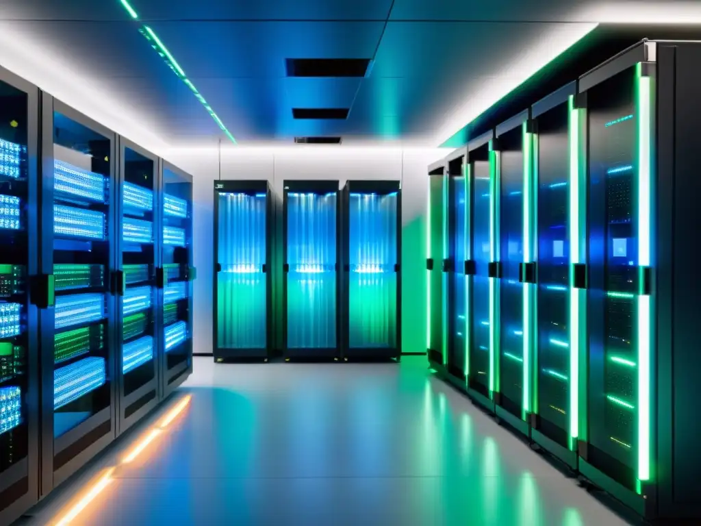 Un centro de datos futurista y seguro con servidores apilados y luces azules y verdes