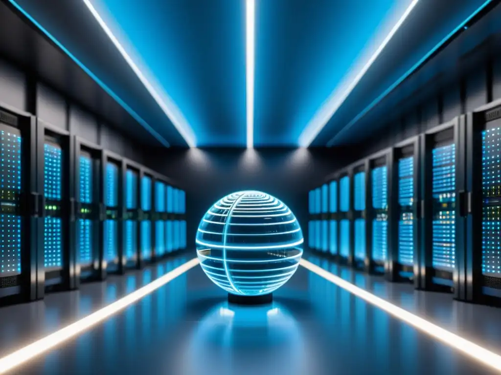 Un centro de datos futurista con servidores iluminados y un globo traslúcido que representa la innovación en gestión de datos en patentes digitales