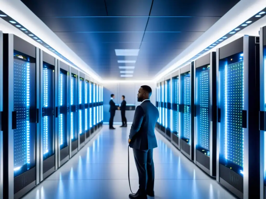 Un centro de datos futurista con servidores, luces parpadeantes y técnicos
