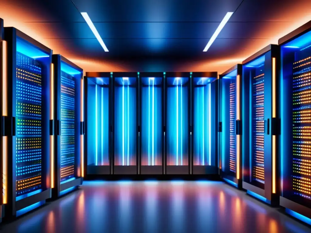 Un centro de datos futurista con servidores brillantes y flujos de datos, mostrando el uso de big data en propiedad intelectual