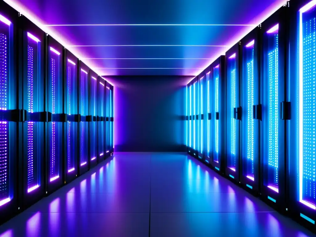 Un centro de datos futurista y sofisticado con servidores interconectados y luces LED azules y moradas