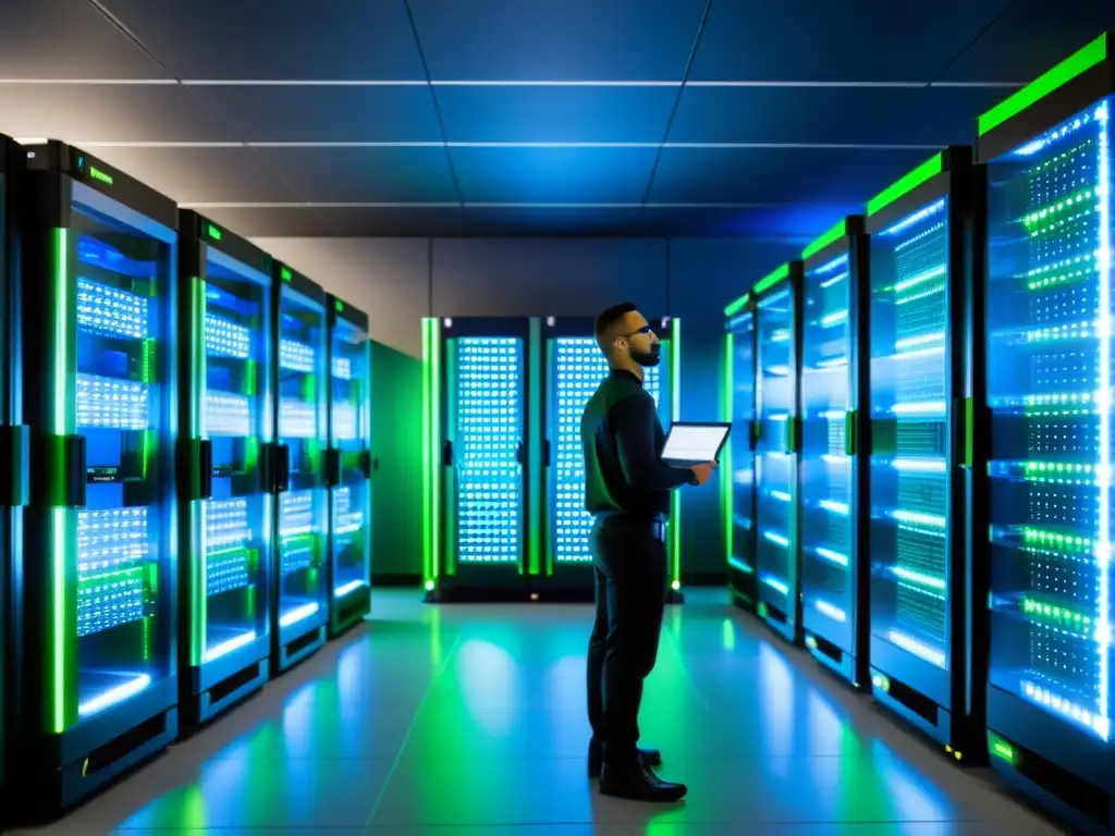 Un centro de datos moderno y futurista con técnicos trabajando para garantizar la seguridad del almacenamiento online