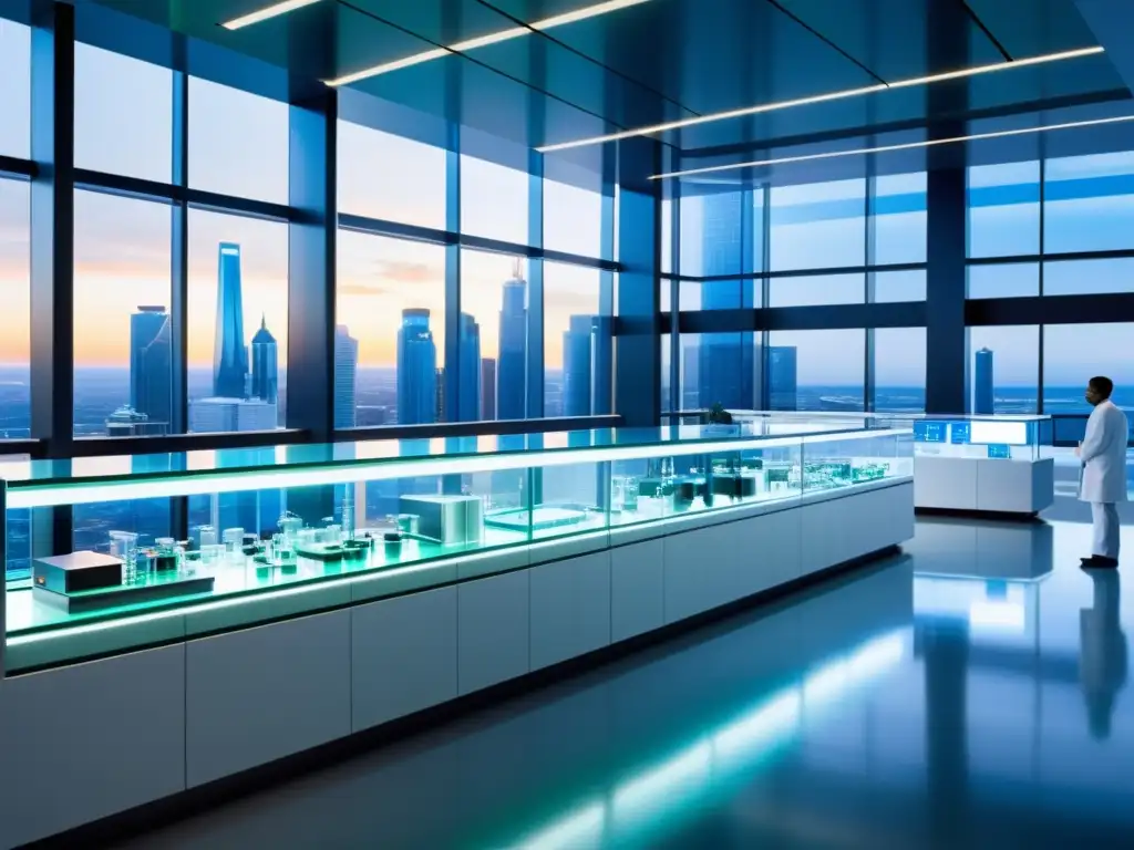 Centro de investigación farmacéutica futurista con laboratorios de cristal y científicos realizando experimentos, rodeado de una ciudad avanzada