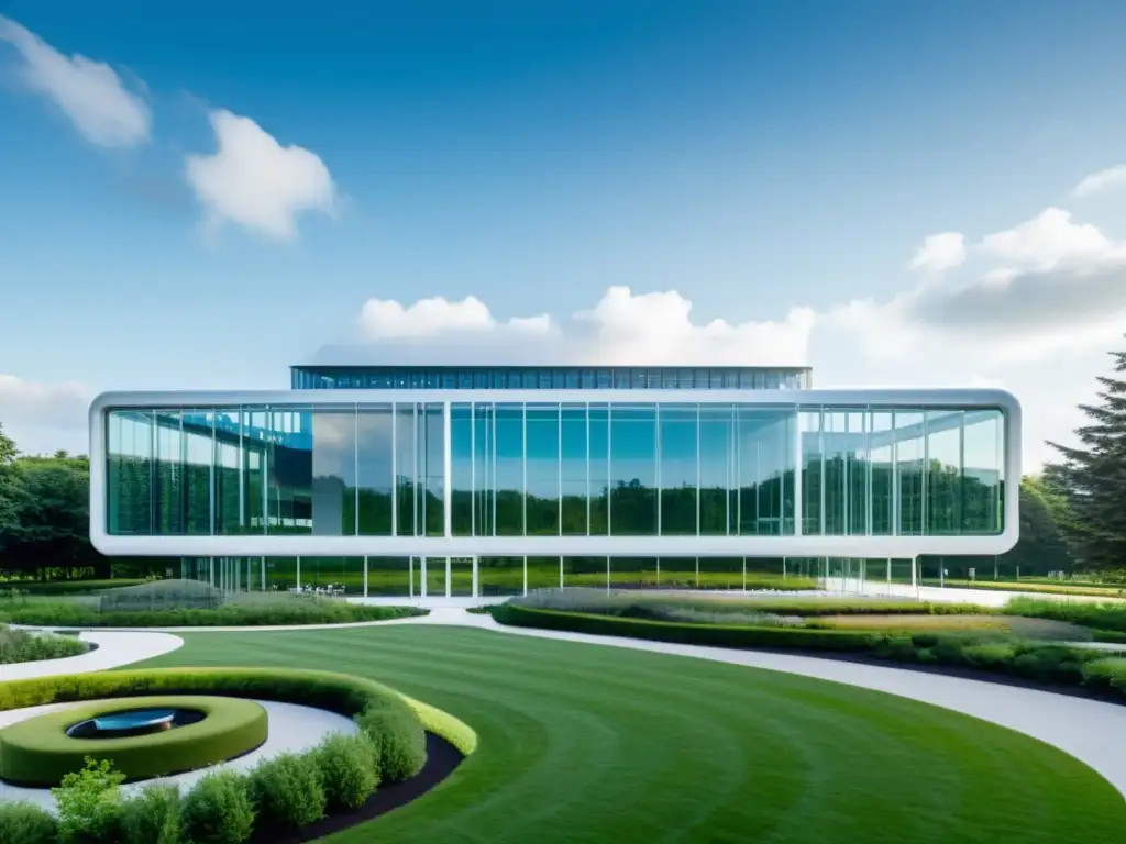 Un centro de investigación farmacéutica futurista con laboratorios de última generación y jardines impecables