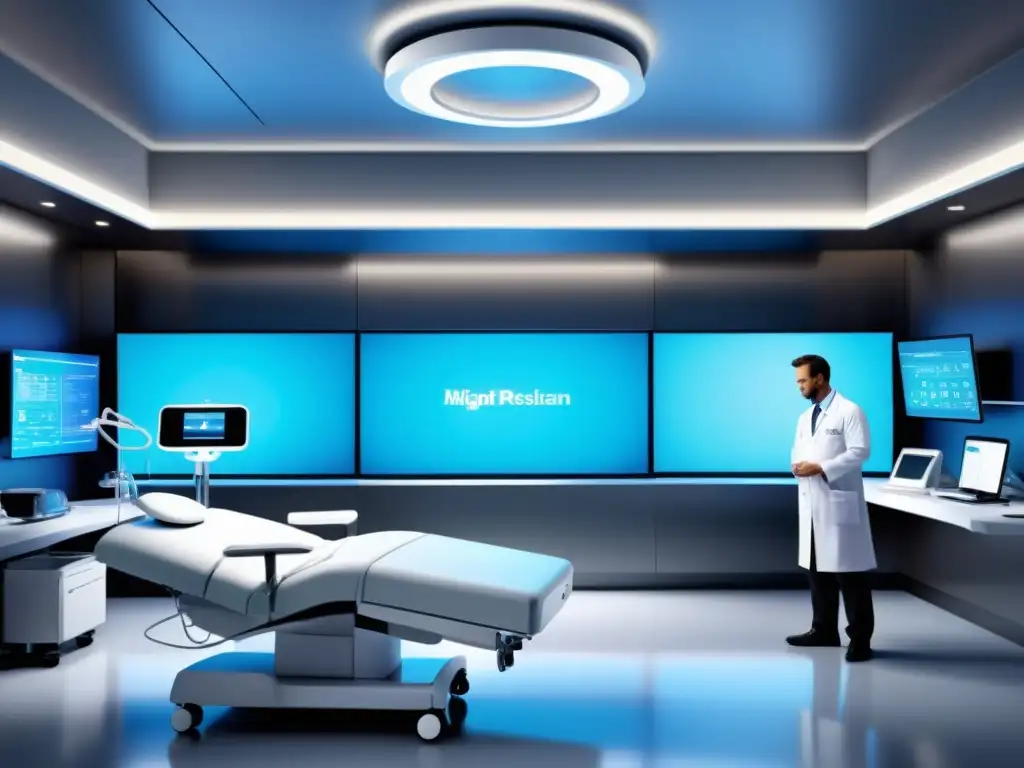 Un centro médico moderno con tecnología de vanguardia y profesionales de la salud, reflejando la transferencia de tecnología en salud
