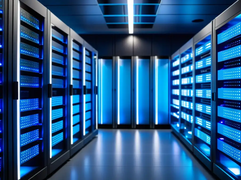 Un centro de servidores moderno y elegante con una gestión multinacional de bases de datos y propiedad intelectual