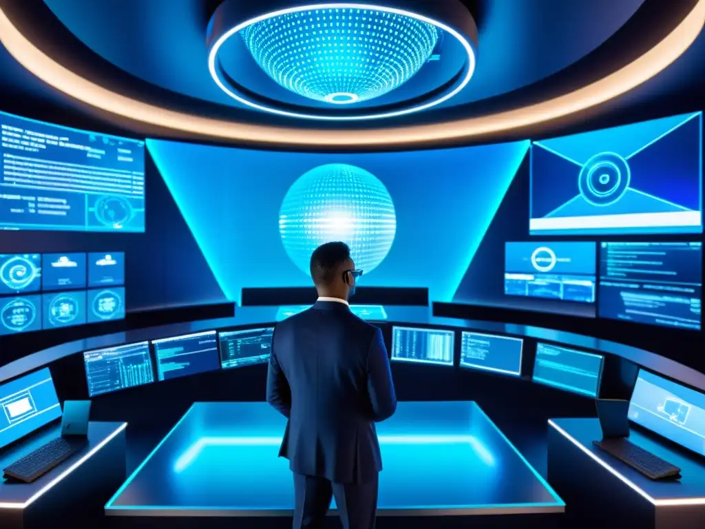Un centro de seguridad digital futurista con expertos en ciberseguridad y tecnología avanzada, mostrando análisis de amenazas en tiempo real