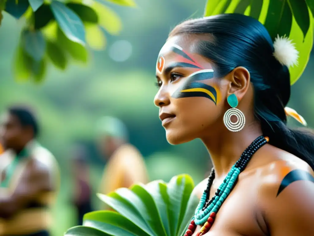Una ceremonia tradicional de un grupo diverso de indígenas rodeado de naturaleza exuberante y vida silvestre, mostrando su herencia cultural