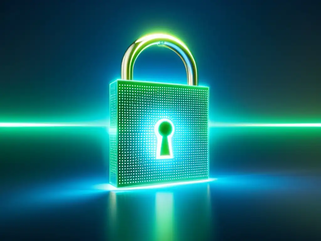 Una cerradura digital futurista con criptografía y protección de propiedad intelectual, rodeada de una barrera etérea y un brillo azul y verde