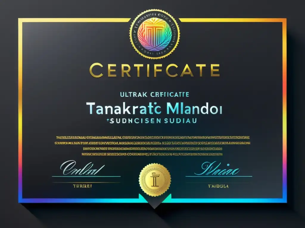 Certificado de marca con elementos holográficos y letras metálicas, proyectando una imagen de autenticidad legal y solidez de marca