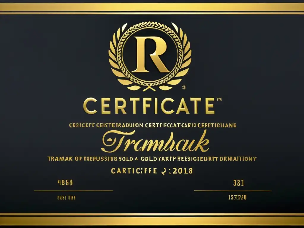 Un certificado de marca registrada moderno y elegante con detalles en oro y grabado