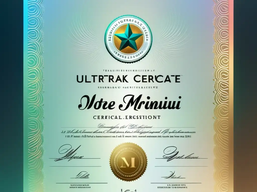 Un certificado de marca registrada moderno y detallado, con elementos holográficos y sellos metálicos, transmite profesionalismo y confianza