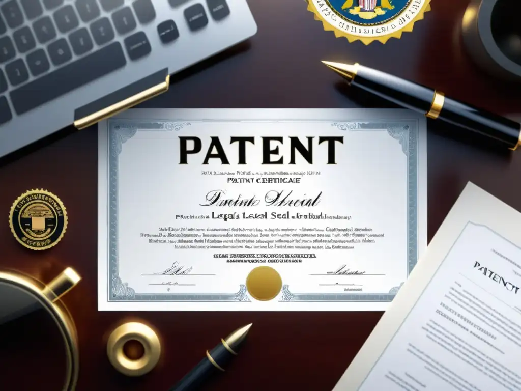 Un certificado de patente detallado en un elegante entorno profesional