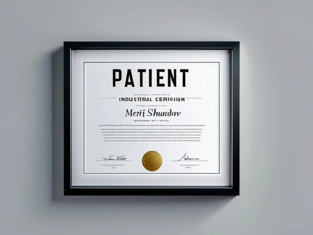 Un certificado de patente con diseño industrial enmarcado en una pared blanca, iluminado por luz natural