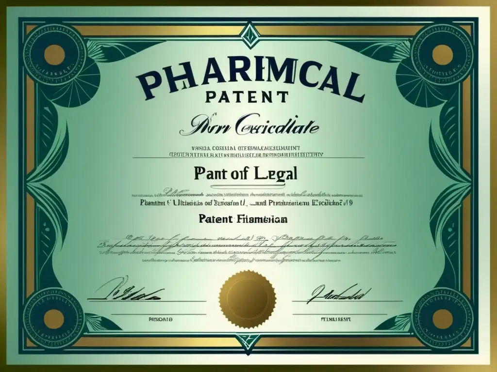 Certificado de patente farmacéutica detallado, exudando exclusividad y protección legal en la industria, en un fondo moderno y minimalista