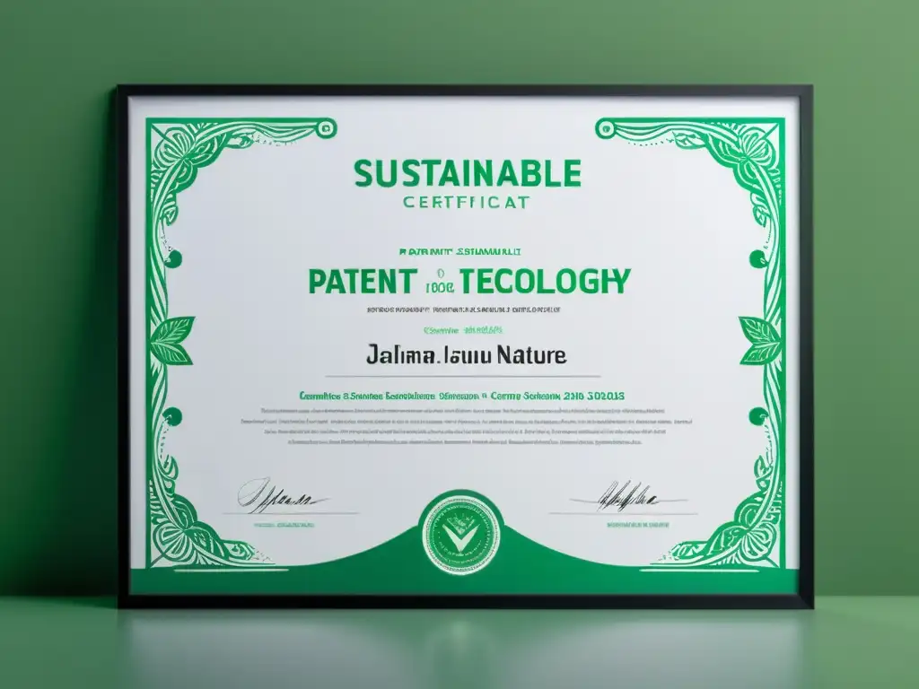 Certificado de patente tecnología verde para marcas, minimalista y moderno, con detalles ecofriendly y fondo blanco elegante