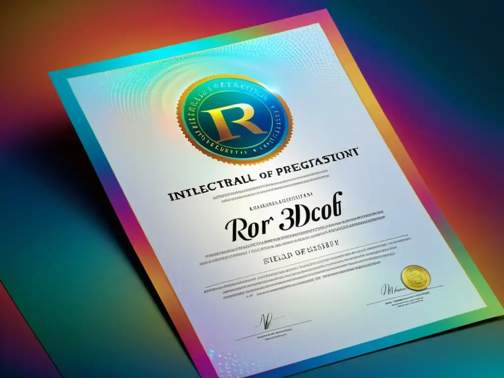 Un certificado de registro de marca con holografía y sello oficial, rodeado de documentos legales y una interfaz digital