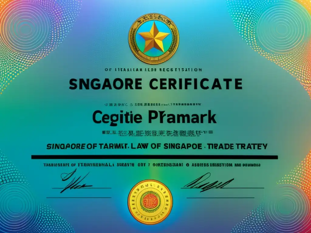 Certificado de registro de marca del Tratado de Singapur, con holografía y texturas en relieve, transmite profesionalismo y autoridad