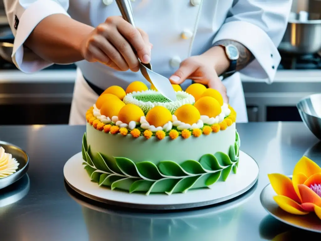 Chef creando una espectacular tarta con esculturas de azúcar