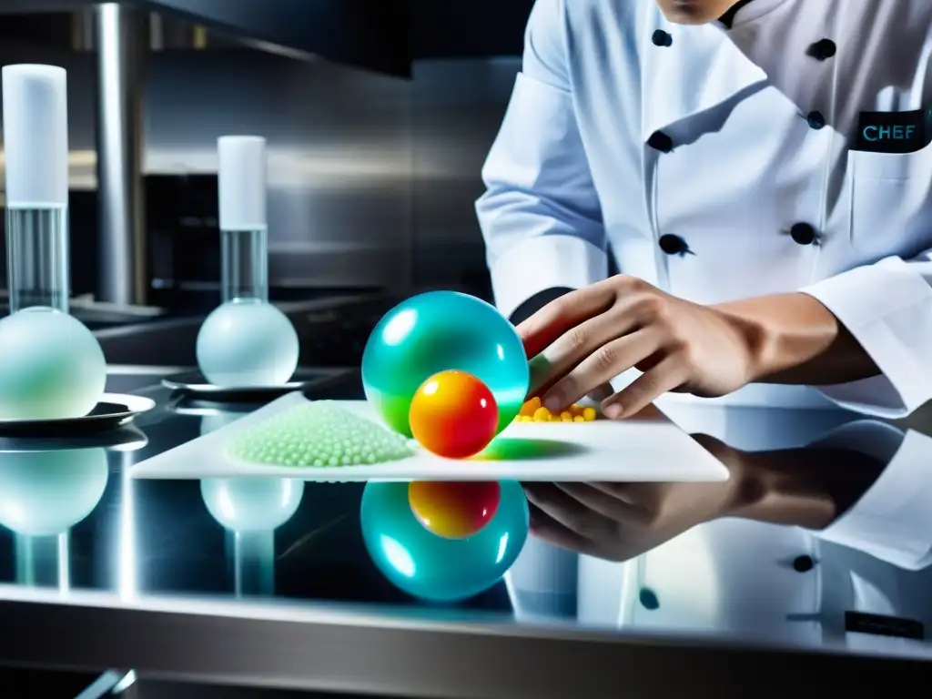 Un chef elabora platos de gastronomía molecular con precisión y tecnología en un laboratorio de cocina moderno